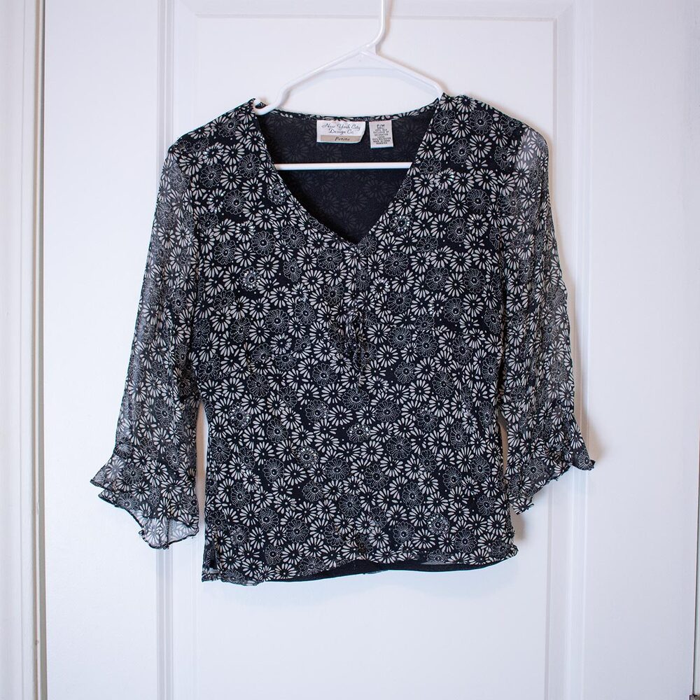 Sheer Black Floral Beaded Blouse NYC Design Co Tie Front Top P Med | True Winter